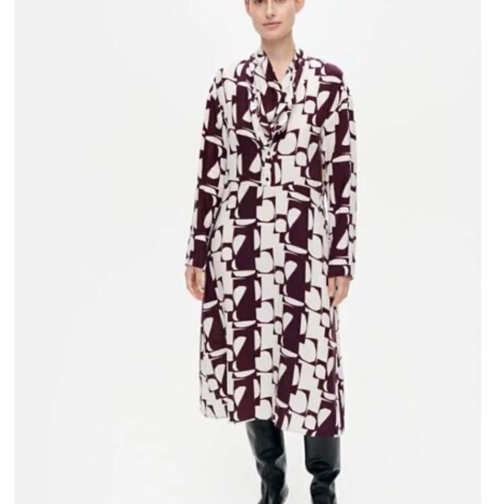 Marimekko Konkelo Malla Long Sleeve Woven Dress in Burgundy Size 36 (Small) NEW